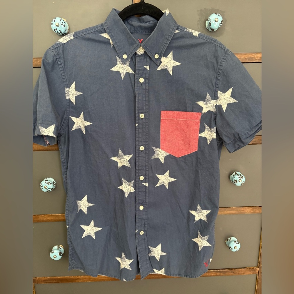 American Eagle Outfitters Navy Star Shirt with Red Pocket